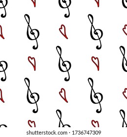 Black red treble clef heart love music line art seamless pattern vector