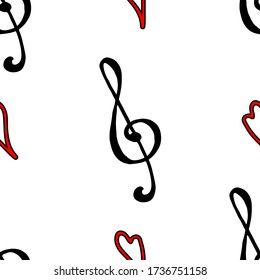 Black red treble clef heart love music line art seamless pattern vector