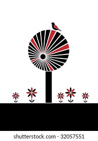 black and red tree, flowers and bird with copy space