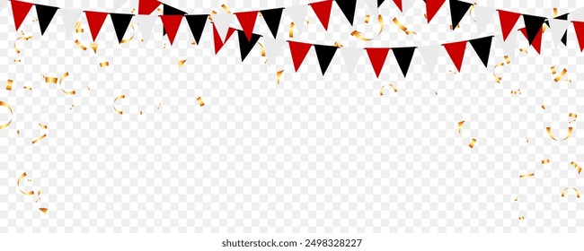 Negro y rojo triángulo banderines cadena y confeti decoración tarjeta de felicitación, Sitio web de Anuncio del partido, fondo