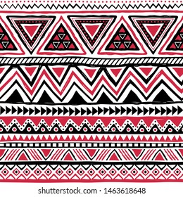 Black And Red Tribal Seamless Pattern. Aztec Ethnic Geometric Print. Native American Backdrop. Vector