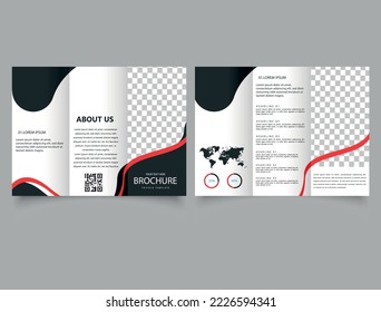 Black and red trifold brochure with abstract shapes.