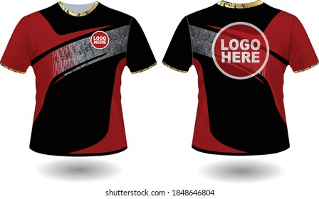 black and red T-shirt with silver and gold trim