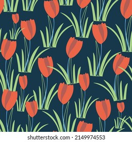Black with red tulip flowers and long green leaves seamless pattern background design.