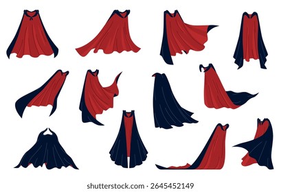 Black red vampire capes. Dracula double sided coats, party costume, mystical clothes elements, halloween accessories, masquerade and carnival cloth, nowaday vector cartoon isolated set