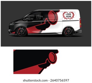 Black and red van wrap design template with a unique graphic and space for a logo. Perfect for a business vehicle.