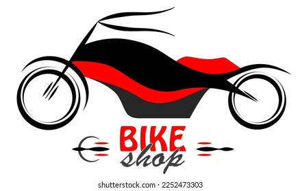 Black and red vector chopper motorbike with bike shop text. Simple logo, symbol flat illustration from side on white background