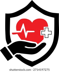 Ícone gráfico vetorial preto e vermelho representando um coração com uma linha ECG dentro de uma forma de escudo, sustentado por uma silhueta manual. Representa os conceitos de proteção da saúde cardíaca, segurança médica e seguro.