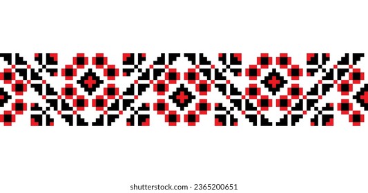 Ornamento vectorial negro y rojo, reminiscente del bordado de arte folclórico ucraniano, adecuado para ropa Vyshyvanka y diseño textil. Patrón sin foco.