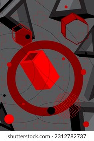 Cartel de afiche de tema geométrico negro y rojo. Plantilla de formas abstractas retro para el diseño de portada. Color de fondo mínimo de la gráfica geométrica.