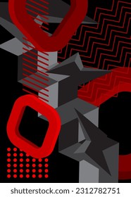 Black and red vintage geometric theme poster banner. Retro abstract shapes template for cover design. Colored geometrical graphic minimal background.