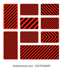Black and red warning signs with diagonal lines. Attention, danger or caution sign, construction site signage. Realistic notice signboard, warning banner, road shield. Vector illustration