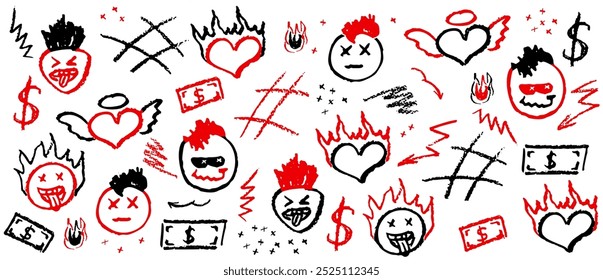 Black and red wax crayon drawing grafitti elements. Kids drawing by marker retro rock elements. Set of vector charcoal outline symbols cute fire heart, mohawk hairs, mouth stick out. 3D Illustration