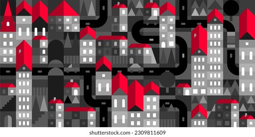 Black And Red And White Abstract Seamless Vector Bauhaus Geometric City Pattern Design Background Template