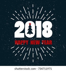 Black, red and white background with 2018, christmas tree, firework. Decorative backdrop vector. Hand drawn poster design, english text. Happy New Year, colorful greeting card