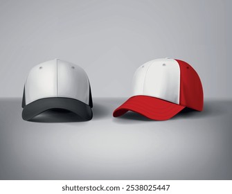 Black and red and white baseball caps mock up with logo in gray background, front sides. For branding and advertising.