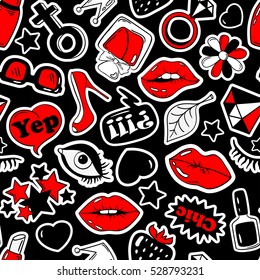 Black, red and white fun seamless pattern of girl's fashion stickers, emoji, pins or patches in cartoon 80s-90s comic style. 