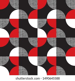 Black, red, white geometric plaid seamless pattern. Laconic shapes textured modern repeatable motif for background, wrap, fabric, carpet, textile, wrap, surface, web and print design. 
