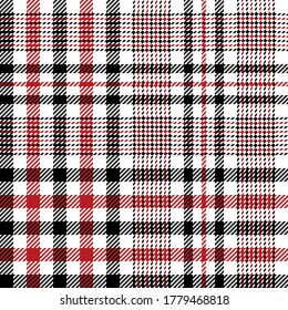 Black red white glen plaid pattern vector. Seamless bright tweed tartan check plaid for tablecloth, blanket, throw, skirt, or other modern spring and autumn textile print.
