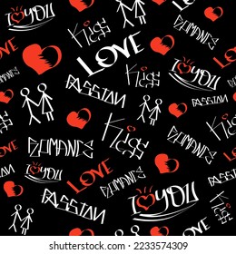 Black, red and white love lettering seamless pattern