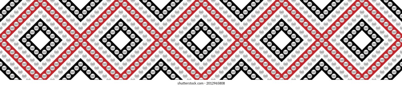 Black, red, white luxury background with pearls. Seamless vector illustration. 