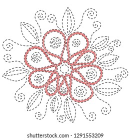 black, red and white pattern. handdrawn stitches. floral embroidery