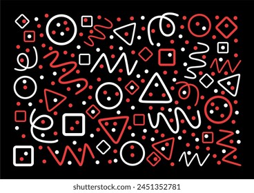 Black, red and white pattern shapes. Circles, triangles, serpentine, dots, squares, rhombus and zigzag. Fun line doodle shape background.