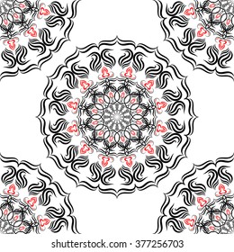 Black, red and white seamless vector texture, tribal boho decorative ornament. Folk floral background. Ukrainian, Balkan or Caucasian ethnic embroidery