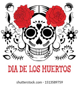 A black, red and white vector illustration of a female skull with decorative elements dedicated to the Mexican Day of the Dead