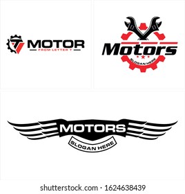 Black red wrench gear and wings emblem line vector modern logo template suitable for automotive service repair workshop club business repaint