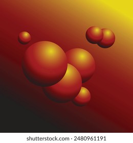Black red yellow abstract gradient background with 3d balls of different sizes, colored spheres in falling.