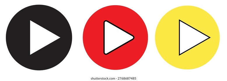  black, red, yellow and blue  Play button icon set. Start audio or video action symbol. Play button icons media symbols isolated flat style showing start action for audio or video content. white background, EPS10 