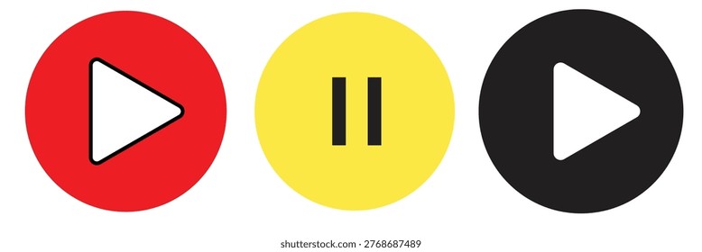  black, red, yellow and blue  Play button icon set. Start audio or video action symbol. Play button icons media symbols isolated flat style showing start action for audio or video content. white background, EPS10 