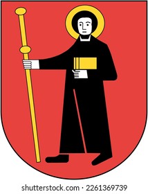 Cuchillo de armas negro, rojo y amarillo con el santo Fridolin del cantón suizo Glarus. Ilustración hecha el 12 de febrero de 2023, Zurich, Suiza.