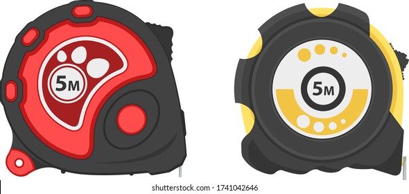 black, red, yellow construction tape measure in flat style, set of industrial measuring tapes, length 5 meters