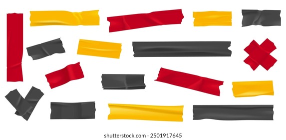 Black red yellow duct tape set. 3D torn tape wrinkled stripes collection isolated vector illustration