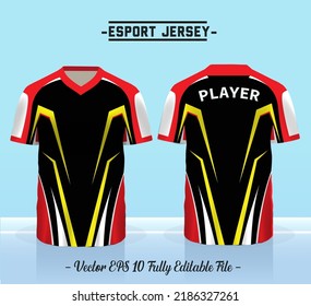 Black, Red and Yellow jersey esport design for gaming, uniform in front view back view. T Shirt mock up Vector, design premium and easy to custom.Vector Illustration design. 