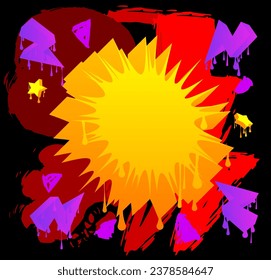 Black, red, yellow and purple graffiti speech bubble. Abstract modern Messaging sign street art decoration, Discussion icon performed in urban painting style.