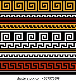 Black red yellow and white geometric greek meander traditional seamless pattern, vector