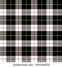 Black, red, yellow and white gingham. Seamless vector plaid pattern suitable for men’s or women’s fashion, home decor and stationary.