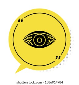 Black Reddish eye due to viral, bacterial or allergic conjunctivitis icon isolated on white background. Yellow speech bubble symbol. Vector Illustration