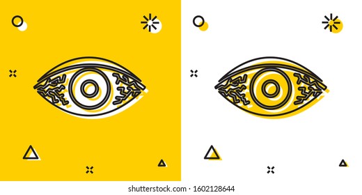 Black Reddish eye due to viral, bacterial or allergic conjunctivitis icon isolated on yellow and white background. Random dynamic shapes. Vector Illustration