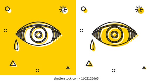 Black Reddish eye due to viral, bacterial or allergic conjunctivitis icon isolated on yellow and white background. Random dynamic shapes. Vector Illustration