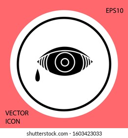 Black Reddish eye due to viral, bacterial or allergic conjunctivitis icon isolated on red background. White circle button. Vector Illustration