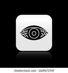 Black Reddish eye due to viral, bacterial or allergic conjunctivitis icon isolated on black background. Silver square button. Vector Illustration