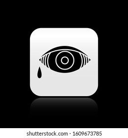 Black Reddish eye due to viral, bacterial or allergic conjunctivitis icon isolated on black background. Silver square button. Vector Illustration