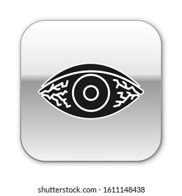 Black Reddish eye due to viral, bacterial or allergic conjunctivitis icon isolated on white background. Silver square button. Vector Illustration