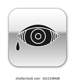 Black Reddish eye due to viral, bacterial or allergic conjunctivitis icon isolated on white background. Silver square button. Vector Illustration