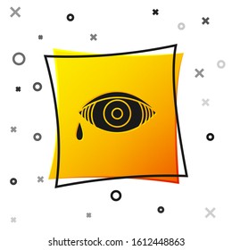 Black Reddish eye due to viral, bacterial or allergic conjunctivitis icon isolated on white background. Yellow square button. Vector Illustration