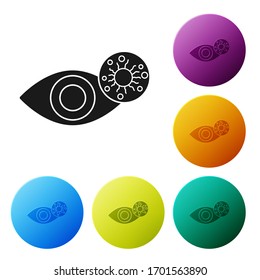Black Reddish eye due to virus, bacterial or allergic conjunctivitis icon isolated on white background. Set icons in color circle buttons. Vector Illustration